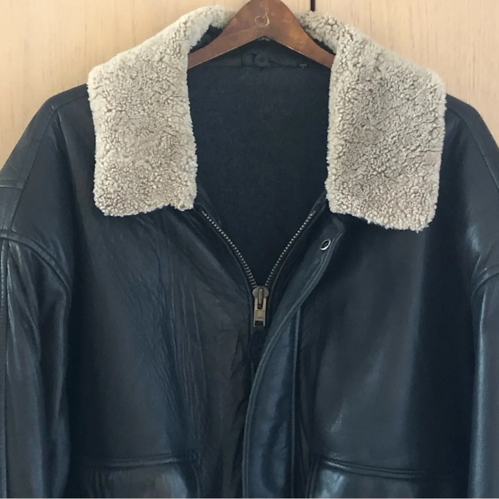 Hugo Boss Black Soft Leather Removeable Sheepskin Collar Bomber Jacket Men's 46 - Picture 3 of 16
